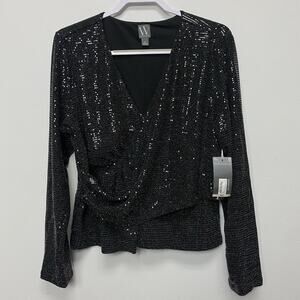 Worthington Black Women XL Faux Wrap Top Long Sleeve Dark Academia Disco Gothic